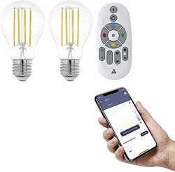 EGLO connect.z Smart Home-Set, 2x lampadine Led E27, A60, con telecomando, ZigBee, app e controllo vocale, dimmerabile, design vintage, 806 lumen e 6 W ciascuna, chiare in bianco neutro