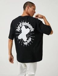 Koton Basic oversized T-shirt voor heren, slogan-print, ronde hals, zwart (999), S