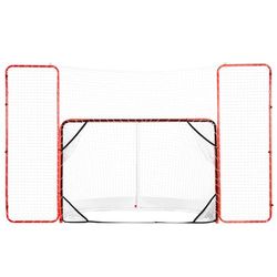 VEVOR Hockeyport med skyddsräcke och mål, stålhockeynät, 1830 mm hockeyträningsportset bärbar inomhus- och utomhusbruk med nät, vit och röd