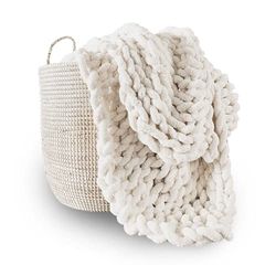 Adyrescia Tjock stickad filtöverkast | 100% handstickad med Jumbo Chenille-garn (76 x 102 cm, krämvit)