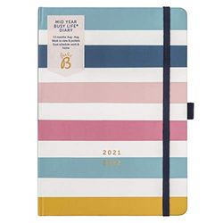 BusyB - Agenda Busy Life mi-année Août 2021 - Août 2022. Motif à Rayures - Planificateur semainier A5 avec porte-stylos, fermeture élastique et pochettes de rangement 2847