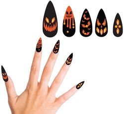 FIESTAS GUIRCA | Ongles Citrouille avec Bijoux pour Halloween (Set de 12 Ongles avec Colle) - Décoration d'Ongles pour Fêtes Costumées et Célébrations - Noir et Orange