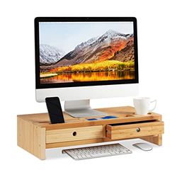 Relaxdays Suporte para monitor e portátil com 2 gavetas e compartimentos, bambu, castanho, 14 x 60 x 30 cm