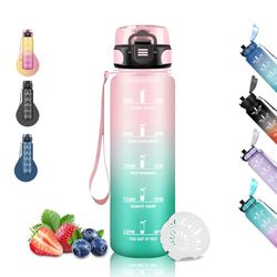 Borraccia, Borraccia 1 Litro, Borraccia Motivazionale, Senza Perdite, Borraccia Sportiva per Adulti, Borraccia con Orari per Bere, Borracce per Ciclismo, Sport, Campeggio, Trekking, Yoga, Rosa-Verde