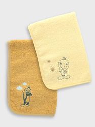 LOONEY TUNES - Set De 2 Serviettes Brodées 30 x 45 cm - Éponge Absorbante 100% Coton, Doublure Imperméable, Change Nomade pour Bébé - Sylvestre & Titi - Produit Officiel Warner Bros