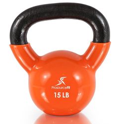 Prosource Vinyl gecoate gietijzeren kettlebells kleurgecodeerd 15 lbs. met extra grote handgrepen voor thuis en gym workouts, oranje