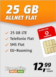 klarmobil Allnet Flat 25 GB – mobiltelefonavtal för Vodafone-nätverket med platt internet, platt telefoni och SMS och EU-roaming – I alla tyska nätverk – 24 månaders avtalstid