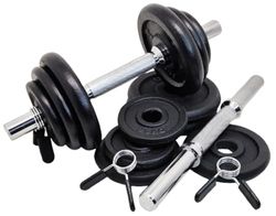 G5 HT SPORT Halterset + halterschijven van gietijzer, diameter 25 mm, 11,21,35 kg, verstelbare gewichten met schroeven en veersluitingen, set voor training thuis en sportschool, fitness en