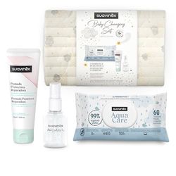 Suavinex, Torba na pieluchy dla niemowląt z: maść ochronna naprawcza 75 ml + chusteczki Aqua Care 60 szt. + Baby Cologne 50 ml + pojemnik na chusteczki i pieluchy. Prezent dla noworodka, beżowy,