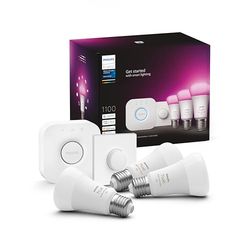 Philips Hue Starterkit - 3 Lampen - E27 - Wit en Gekleurd Licht - 1100lm - 1 Smart Button - Inclusief Hue Bridge - Dimbaar - Verbind met Bluetooth of Hue Bridge - Werkt met Alexa en Google Home