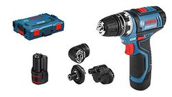 Bosch Professional 12V System GSR 12V-15 FC - Atornillador a batería (30 Nm, 4 cabezales FlexiClick, 2 baterías x 2,0 Ah, en L-BOXX)