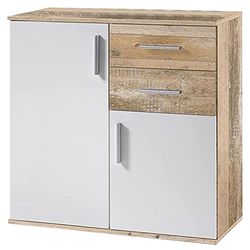 BAKAJI Dressoir met 2 laden, dubbele deur en 2 niveaus, binnenkast, sideboard, multifunctionele kast, keuken, kantoor, modern design, afmetingen: 82 x 35 x 80 cm (wit en eiken in houtlook)
