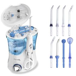 Aquapik Pro Jet Dentaire. Hydropulseur dentaire Professionnel. 8 buses, 10 niveaux de puissance. Capacité 600 ml. Recommandé par les dentistes pour toute la famille (Blanc)