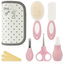 Duffi Baby Set do pielęgnacji nowo urodzonego dziecka. Gra Pielęgnacja dzieci 6 sztuk. Zestaw toaletowy Etui na zamek błyskawiczny Szczotka Włosy Limonka Paznokcie Grzebień Odkurzacz do nosa Nożyczki