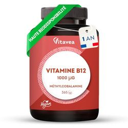 Vitamine B12, 1 000 µg - Vegan & Végétarien - Méthylcobalamine Pure & Biodisponible - Haut dosage & haute assimilation - 1 an - Immunité, Fatigue et Equilibre Nerveux - Fabriqué en France - Vitavea