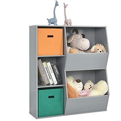 COSTWAY Libreria per bambini, a 3 ripiani, con 2 scatole e 5 scomparti, in legno, per cameretta dei bambini, camera da letto, 76 x 28 x 94 cm (grigio, 5 scomparti)
