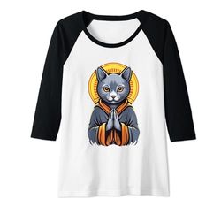 Mujer Meditar Gatito Santo Gato Mediador Fe Dios Religión Camiseta Manga Raglan