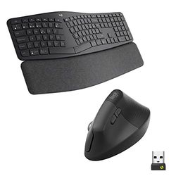 Logitech Ergo K860 Teclado inalámbrico y ergonómico - Teclado Partido y Ratón Ergonómico Lift Vertical para Zurdos, Bluetooth, USB, silencioso, Windows/macOS/iPadOS, Laptop, PC, QWERTY ESP - Gris
