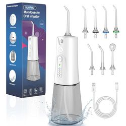 SURFOU Bezprzewodowy irygator do jamy ustnej, 230 ml, 5 trybów pracy, 7 dysz, irygator do jamy ustnej, wodoodporny, IPX7, możliwość ponownego ładowania, USB typu C, do podróży i domu