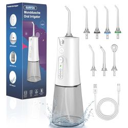 SURFOU Draadloze monddouche, 230 ml, 5 modi, 7 sproeiers, voor op reis, waterflosser, IPX7 waterdicht, USB type-C, oplaadbaar voor reizen en thuis