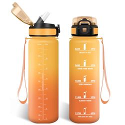 HoneyHolly Botella Agua 1 Litro, Libre de BPA & Prueba de Fugas, Botella de Agua, con Pajita, Water Bottle, con Marcador de Tiempo, Cantimplora para Sport, Bicicleta, Gimnasio, Escuela
