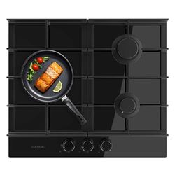 Cecotec Placa de Gas de 3 Fuegos Bolero Squad G 3400F Glass Black, 6,2kW, Glass Black, Parrillas Hierro Fundido, Quemador WOK Triple, Encendido Electrónico, Seguridad Válvulas, accesorio conversión