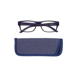 Manicare Reading Glasses For Men And Women, Comfortable Lightweight With Strong Comfort Flex Hinges, Anti-Glare Lenses, Matt Blue Rimmed Frames With Geometric Print Arms Glasses Pouch, +3.5 Strength