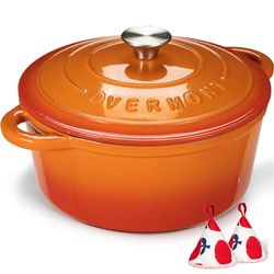 Overmont 4.2L Enamelled Cast Iron Round Casserole Pot With Lid Cookbook & Cotton Potholders - Non-stick Dutch Oven Cookware for Braising, Stews, Roasting, Bread Baking - Orange, 24cm