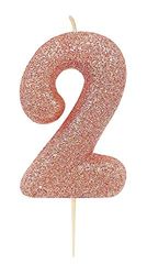 Anniversary House Metallic Rose Gold Glitter Candle, Number 2, 2nd Birthday Cake Topper, 7 Centimeters, AHC50/2