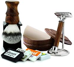 7 Pcs Wooden Made Men's Shaving Gift Kit Classic Wet Shave Safety Razor, Synthetic Brush for Rich Shaving Foam | Wooden Light Handle Wooden Shaving Bowl for soap