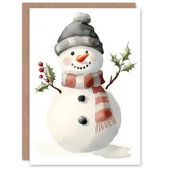 Artery8 Cute Snowman Holly Branch Arms Watercolour Blank For Him Or Her Art Christmas Card