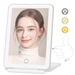 Makeup Mirror & Vanity Mirror with 96 Led Lights, Travel Mirror Lighted Makeup Beauty Mirror, 3 Color Lighting, Dimmable Touch Screen, Tabletop LED Folding Cosmetic Mirror with Lights - White