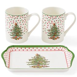 Spode X0011859144 Mugs & Tray Set, Porcelain, Green