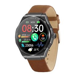 Knauermann PRO 3 (2024) zwart - gezondheidshorloge smartwatch met telefoonfunctie - ECG + HRV en SOS-functie - AMOLED-display, BT Bluetooth - slaapapneu - echt lederen band bruin, 14-24, rond, bruin,