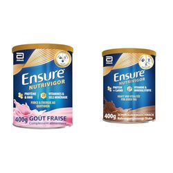 Ensure NutriVigor Fraise & Chocolat 400g - Complément alimentaire avec protéines, 27 vitamines et minéraux et HMB - Pour une alimentation saine et équilibrée - 1x Fraise 400g + 1x Chocolat 400g