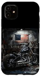 Cool Retro Motorcycle in Patriotic Workshop for USA Lovers Case for iPhone 11