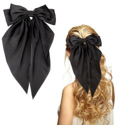 OOTDAY Satin Hair Bows for Women Hair Bows Cute Hair Accessories for Women Birthday Gifts Large Hair Bows for Women (Black)