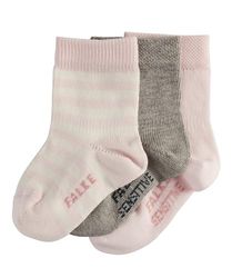 FALKE Unisex Baby 3-Pack Socks Cotton Grey Pink Thin Calf Socks For Baby Boys And Girls Pattern Mix Plain Stripe Includes 2 Pairs With Soft Wide Top Multipack 3 Pairs