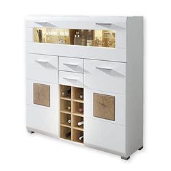 Stella Trading Armoire de Bar Fun Plus Applications en Bois de cerf-Buffet Moderne avec éclairage LED, d'ingénierie, Blanc/Chêne Vieilli