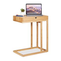 Relaxdays bijzettafel bamboe met lade, modern design, voor in de woonkamer, HxBxD: 68 x 55 x 35 cm, decoratief, natuur