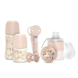 Suavinex, Pudełko na prezent dla noworodków. Zestaw butelek przeciw kolce 150 ml i 270 ml + smoczek 0/6 miesięcy z smoczkiem SX Pro + dozownikiem na mleko + uchwyt na smoczek + łańcuszek na smoczek.