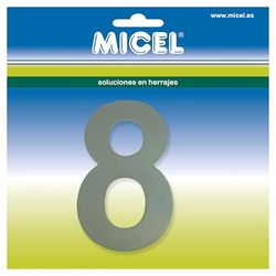 MICEL 10530 Numéro de porte autocollant (numéro 8), finition inoxydable, argenté, avec adhésif, 60 x 100 x 2 mm
