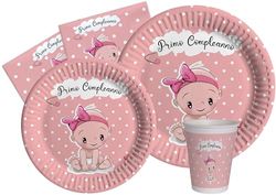 Kit Vaisselle de Fête Primo Compleanno pour 8 personnes (44 pcs: 8 assiettes Ø23cm, 8 assiettes Ø18cm, 8 gobelets 250ml, 20 serviettes 33x33cm) en papier compostable eco-friendly, rose