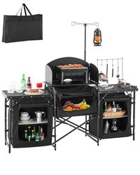 VEVOR Draagbare campingkeuken van aluminium, campingtafel voor buiten, met 3 opbergkasten, draagtas, afneembare voorruit, snelle installatie voor barbecue, picknick, zwart