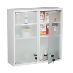 Relaxdays Armadietto Pronto Soccorso per Medicinali, Cassetta Medicine Chiusa a Chiave, 2 Ante, 53x52,5x15,5 cm, Bianco, Acciaio