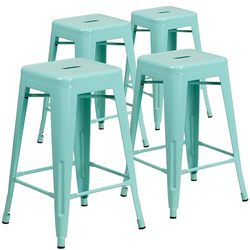 Flash Furniture Conjunto de 4 bancos de grau comercial, 62 cm, sem encosto, metal, interiores e exteriores, altura da bancada, assento quadrado, ferro, plástico, verde menta