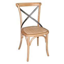 Bolero Chaise en bois naturel avec dossier croisé en métal (lot de 2), finition bois naturel, assise en rotin et structure en chêne, hauteur d'assise : 470 mm, GG656