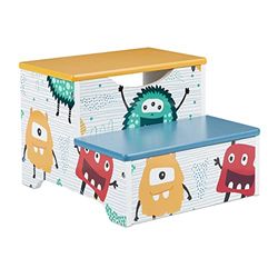 Relaxdays Taburete Infantil, Diseño Monstruos, Banqueta, 2 Escalones, 25 cm Alto, Baño, MDF, Peldaño Lavabo, Multicolor, Tablero de Fibras