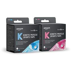 Amazon Basic Care - Bande adhésive de kinésiologie, 5 m x 5 cm, lot de 2 - (Bleue, Rose)