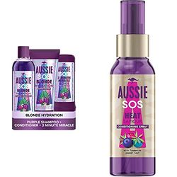Aussie Blonde Purple Shampoo and Conditioner Set + Hair Mask, Silver 290ml/200ml/250ml & SOS Instant Heat Saviour Vegan Hair Spray For Dry Hair Damaged By Styling, 100ml